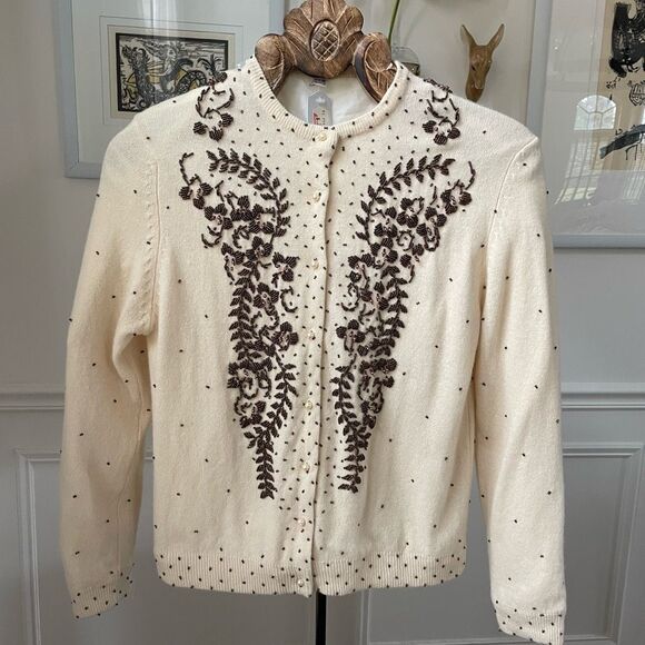 New NOS NWT Vintage 50s Beaded Pearl Button Cardigan Ivory Brown Wool S 40 - Picture 1 of 10